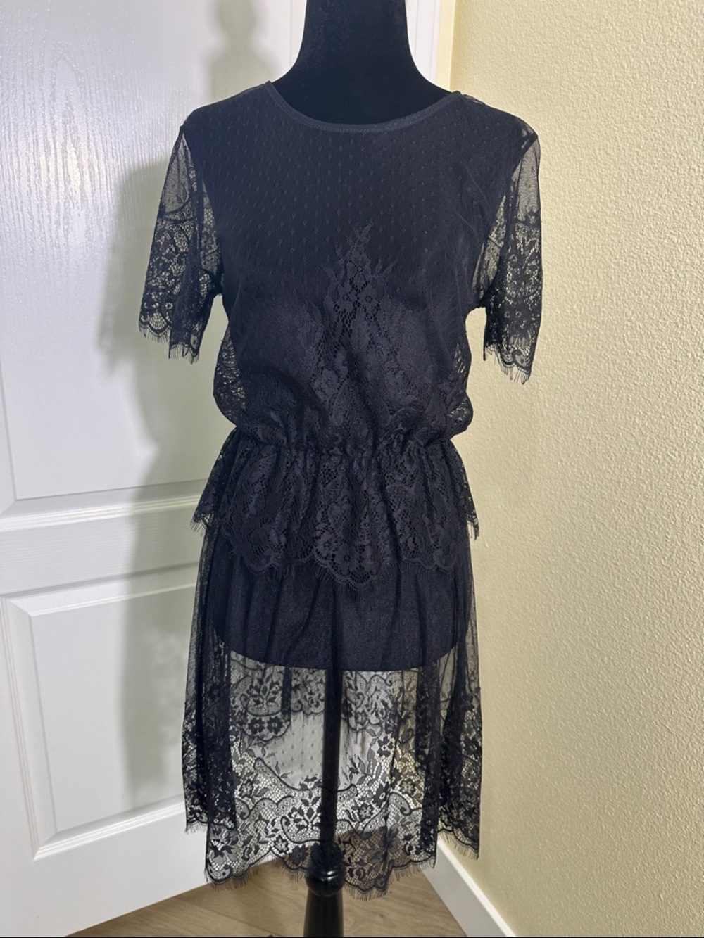 Sheer Black Lace Short Sleeve Peplum Dress. Looks like an H&M dress. S or M ?